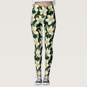 Tropisch naadloos patroon witte bloemen groen blad leggings