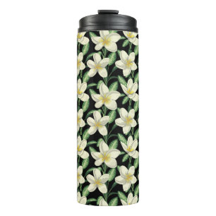 Tropisch naadloos patroon witte bloemen groen blad thermosbeker