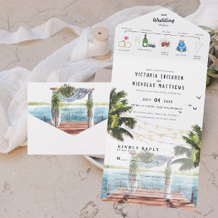 Tropisch oceaanstrand Getekende Huwelijk All In One Uitnodiging