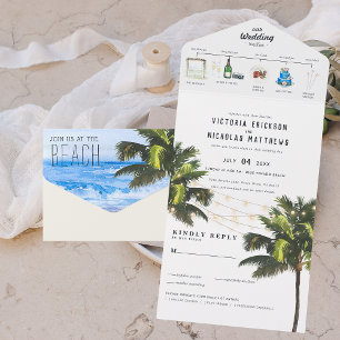 Tropisch oceaanstrand Getekende Huwelijk All In One Uitnodiging
