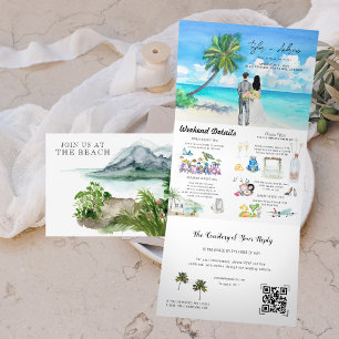 Tropisch oceaanstrand Getekende Huwelijk Drieluik Uitnodiging