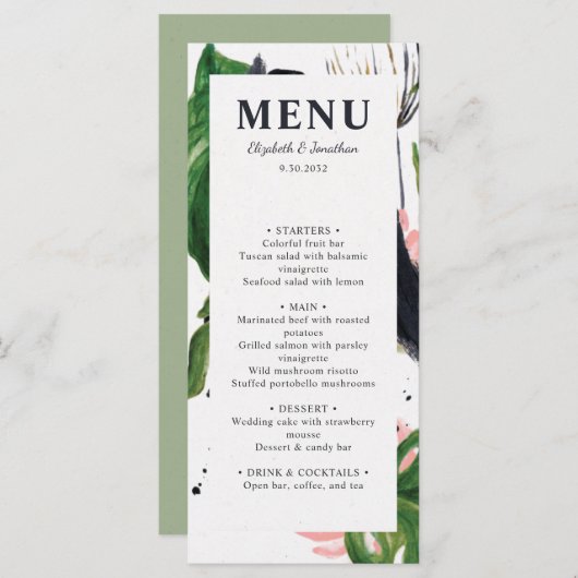 Tropisch oerwoud botanische elegante trouwerij menu (Voorkant / Achterkant)