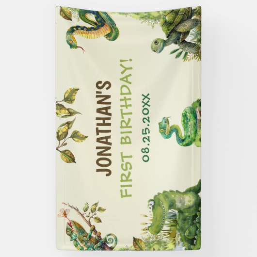 Tropisch Oerwoud Reptiel Kids Verjaardagsfeest Spandoek (Verticaal)