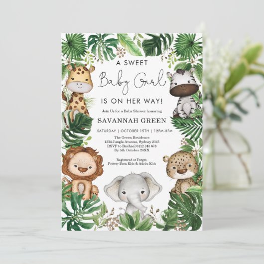 Tropisch Oerwoud Safari Animals Girl Baby shower Kaart (Staand voorkant)