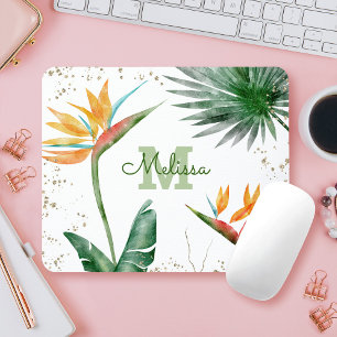 Tropisch olievalk Floral Monogram Script Gold Muismat