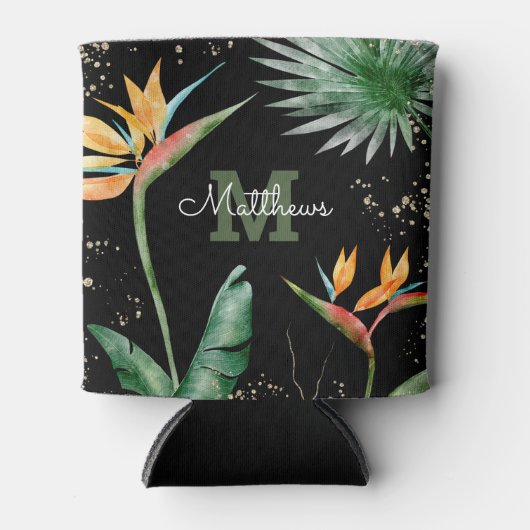 Tropisch olievalk Monogram Script Gold Black Blikjeskoeler (Voorkant)