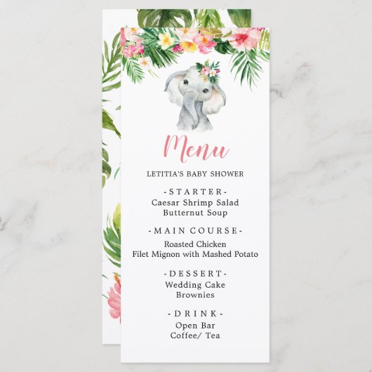 Tropisch Olifant Meisje Baby Shower Menukaart (Voorkant / Achterkant)