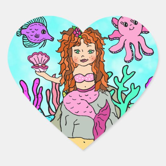 Tropisch onder het Zee Red Hazard Mermaid Hart Sticker (Voorkant)