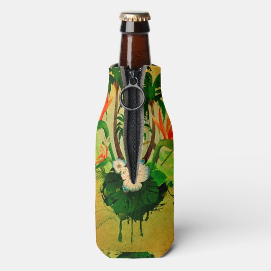 Tropisch ontwerp met bloemen en palmbomen flesjeskoeler (Fles Achterkant)