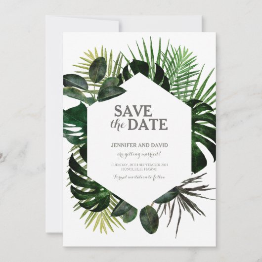 Tropisch opslaan Datum kalender Fern Monstera Leaf Save The Date (Voorkant)
