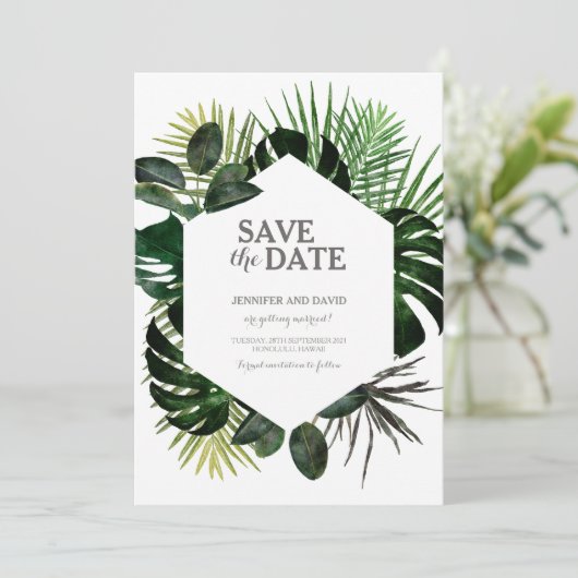 Tropisch opslaan Datum kalender Fern Monstera Leaf Save The Date (Staand voorkant)