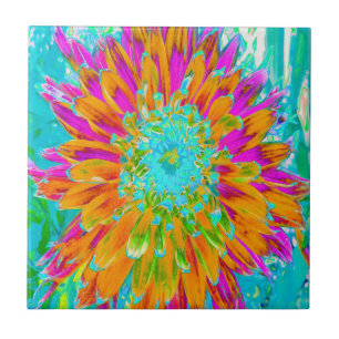 Tropisch Oranje en warm roze decoratieve Dahlia Tegeltje