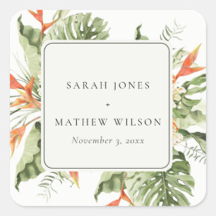 Tropisch Oranje Groene Laffy Botanical Wedding Vierkante Sticker