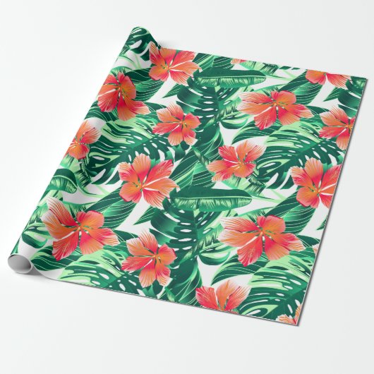 Tropisch oranje hibiscus cadeaupapier (Uitgerold)