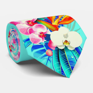 Tropisch orchidee palmblad Hawaiian floral blauwgr Stropdas