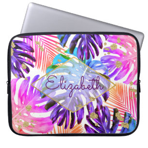 Tropisch Paars roze glitter Palm Leaf Patroon Laptop Sleeve