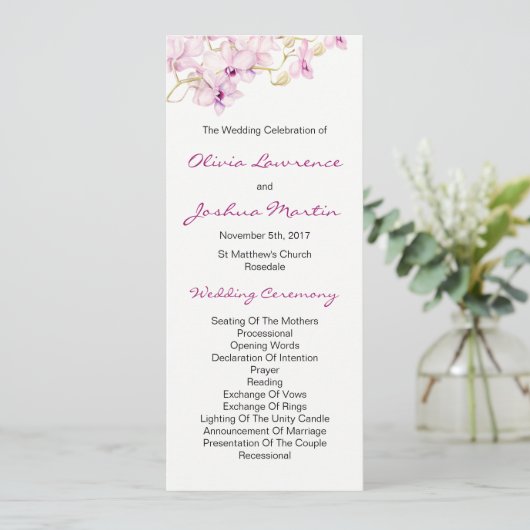 Tropisch Paarse Orchidee Aquarel Bruiloft Programma (Staand voorkant)