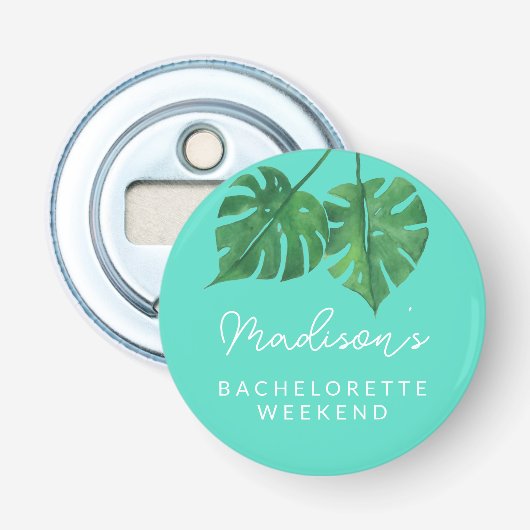 Tropisch Palm Beach vrijgezellenfeest Teal Favor Button Flesopener (Voorkant)
