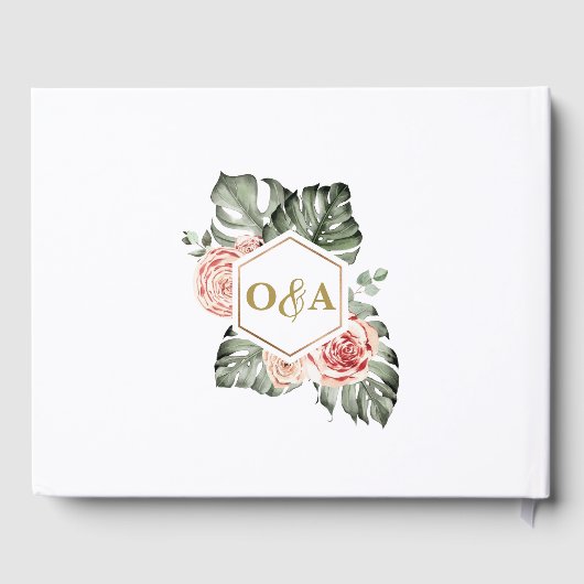 Tropisch palm en Rozen bruiloft monogram Gastenboek (Achterkant)