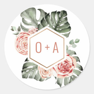 Tropisch Palm en Rozen Trouw Monogram Ronde Sticker