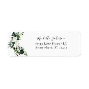 Tropisch palm en wit Floral Return Address 3 Etiket