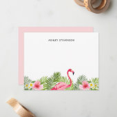 Tropisch palm laat roze Flamingo Custom Name Notitiekaartje (Voorkant / Achterkant in situ)