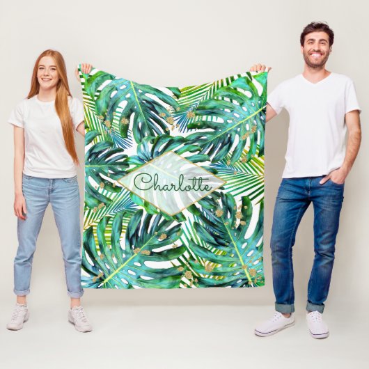 Tropisch palm Leaf Greenery Pattern Gold Glitter Fleece Deken (In situ)