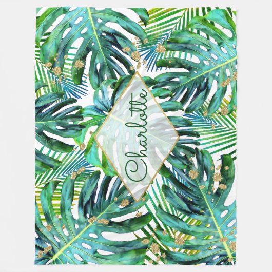 Tropisch palm Leaf Greenery Pattern Gold Glitter Fleece Deken (Voorkant)