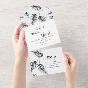 Tropisch palm Leaf Hand Drawn Black Wedding All In One Uitnodiging