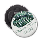 Tropisch palm Leaf Monstera Save the Date Magnet Button Flesopener (Voorkant)