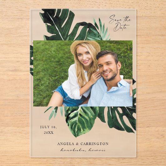 Tropisch palm Leaf Save the Date Photo Acryl Uitnodigingen (Voorkant)