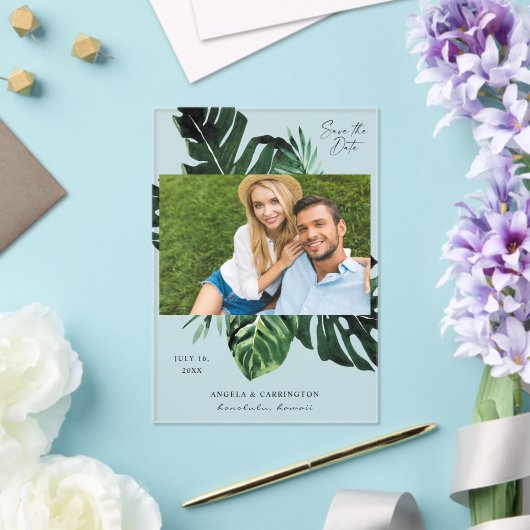 Tropisch palm Leaf Save the Date Photo Acryl Uitnodigingen (Insitu (Huwelijk))
