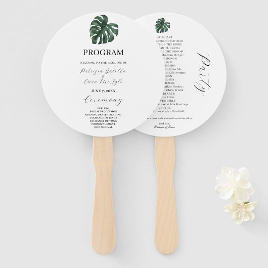 Tropisch palm Leaf Wedding Program Set of Fans Handwaaier (Voorkant en achterkant)