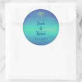 Tropisch palm met blauwe blauwe groene strand Ocea Ronde Sticker (Tas)