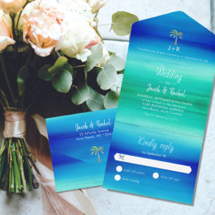 Tropisch palm Neon Blue Green Beach Ocean Wedding All In One Uitnodiging