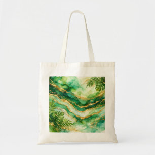 Tropisch Palm Waterverf Groen Agate Goud Luxe Tote Bag