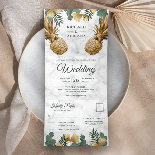 Tropisch Palm Wit Marmer Goud Ananas Bruiloft Drieluik Uitnodiging