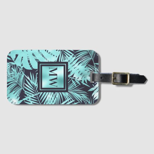Tropisch palmblad aqua blue marvy monogram eiland bagagelabel (Voorkant (horizontaal))