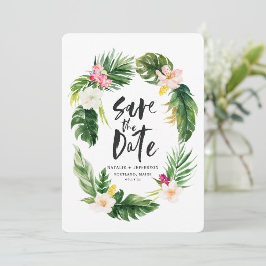 Tropisch palmblad en bladerblad met waterverf van save the date (Staand voorkant)