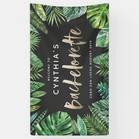 Tropisch palmblad en gouden bachelorette met scrip spandoek (Verticaal)