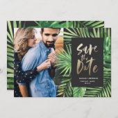 Tropisch palmblad en gouden bladzijden met bladzij save the date (Voorkant / Achterkant)