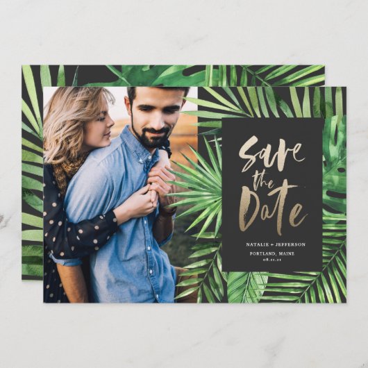Tropisch palmblad en gouden bladzijden met bladzij save the date (Voorkant / Achterkant)