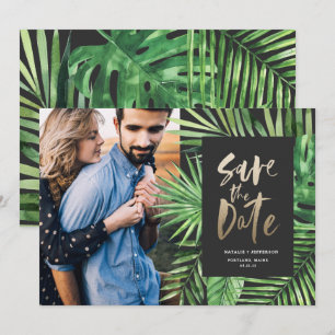 Tropisch palmblad en gouden bladzijden met bladzij save the date