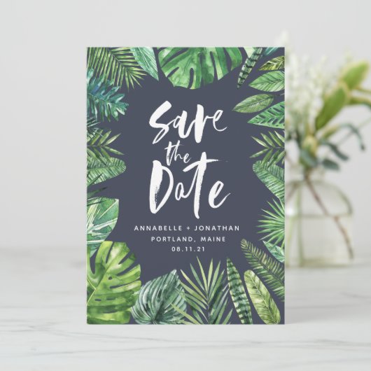 Tropisch palmblad met waterverf bladerblad save the date (Staand voorkant)
