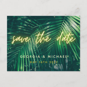 tropisch palmblad neon script moderne trendy save aankondigingskaart