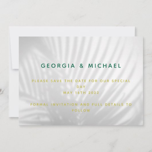 tropisch palmblad neon script moderne trendy save the date (Achterkant)