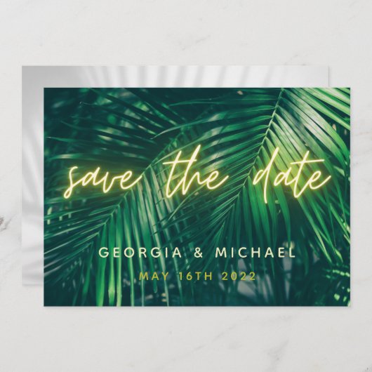 tropisch palmblad neon script moderne trendy save the date (Voorkant / Achterkant)