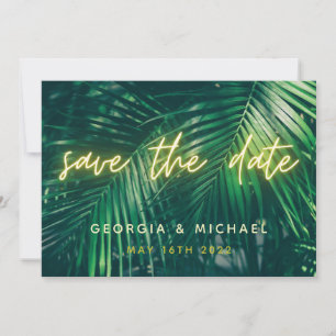 tropisch palmblad neon script moderne trendy save the date