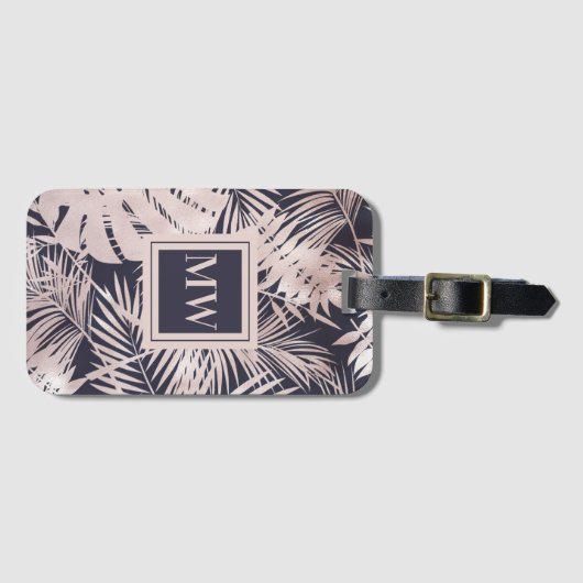 Tropisch palmblad roos gouden marineblauw eiland c bagagelabel (Voorkant (horizontaal))