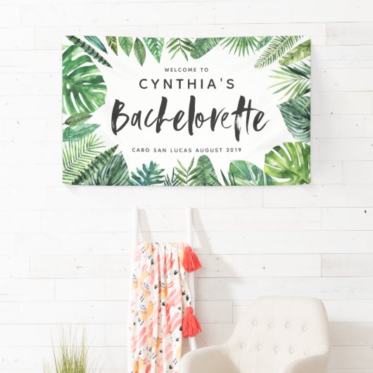 Tropisch palmblad & script bachelorette spandoek (Insitu)